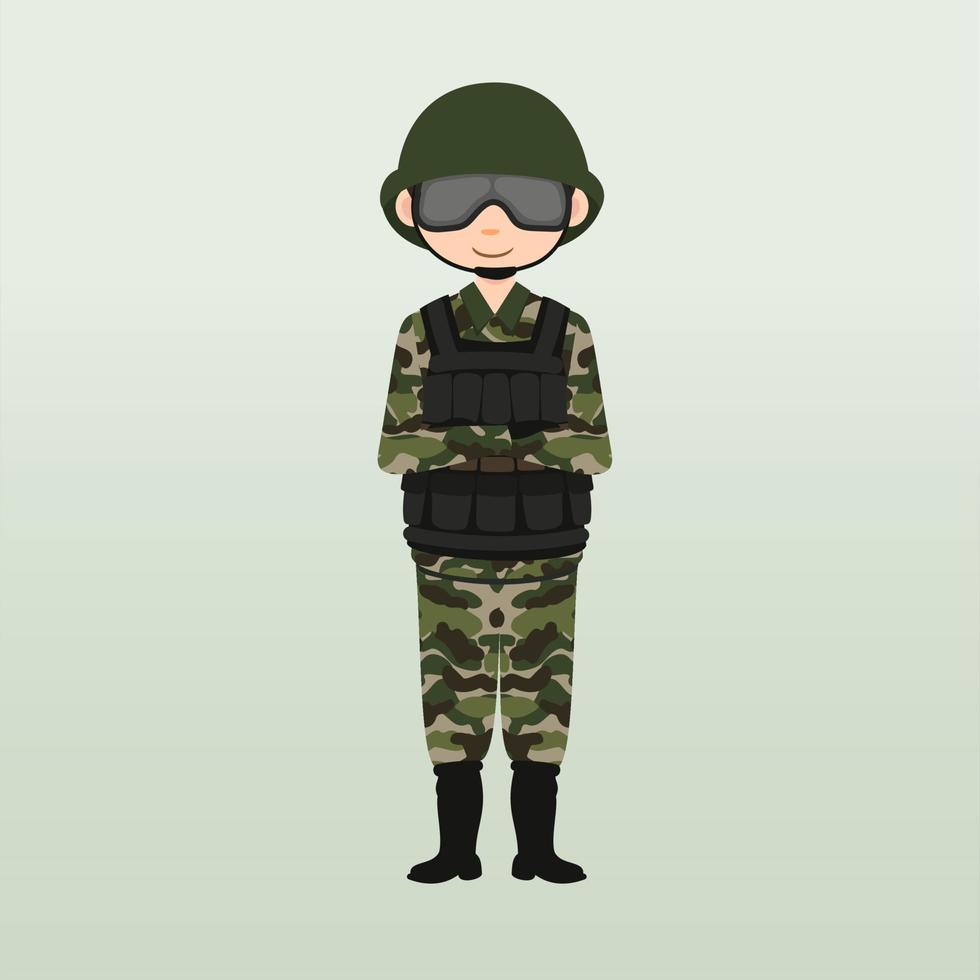 soldado del ejército, hombres, en uniforme de combate de camuflaje saludando. lindo estilo de dibujos animados planos. vector de caracteres del ejército o soldado. soldado vigila en guardia. guardabosques en la frontera.