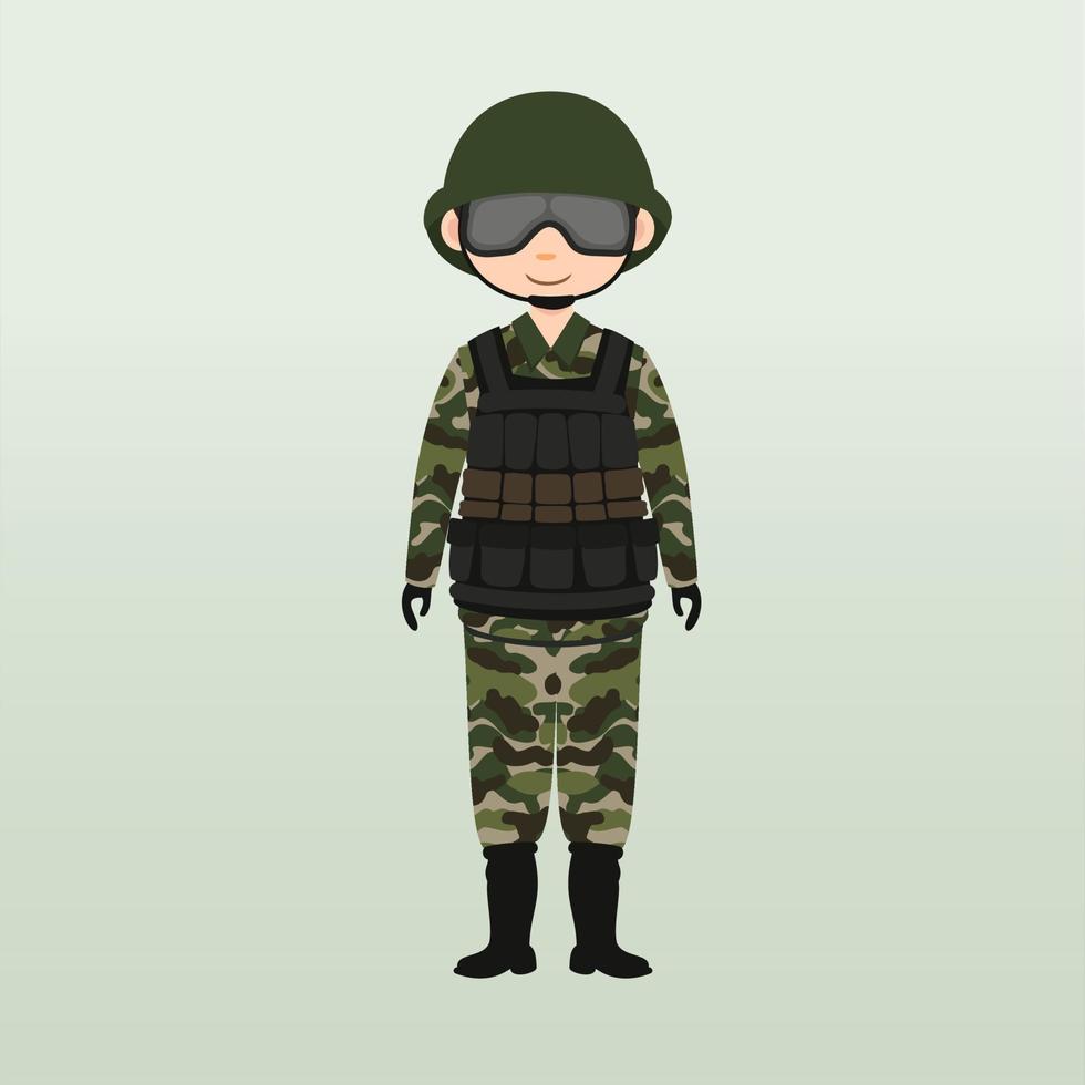 soldado del ejército, hombres, en uniforme de combate de camuflaje saludando. lindo estilo de dibujos animados planos. vector de caracteres del ejército o soldado. soldado vigila en guardia. guardabosques en la frontera.