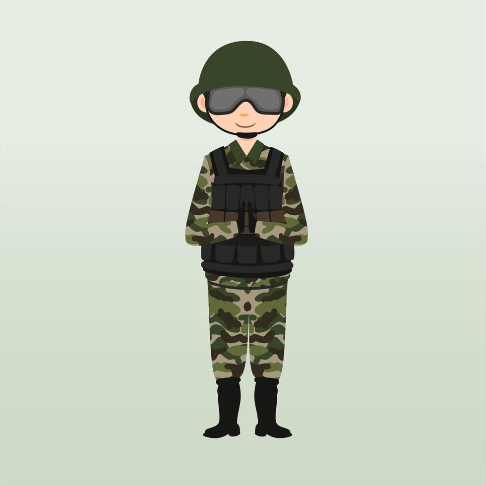 soldado del ejército, hombres, en uniforme de combate de camuflaje saludando. lindo estilo de dibujos animados planos. vector de caracteres del ejército o soldado. soldado vigila en guardia. guardabosques en la frontera.