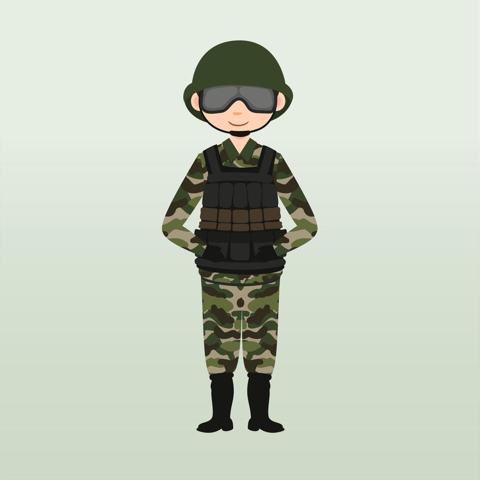 soldado del ejército, hombres, en uniforme de combate de camuflaje saludando. lindo estilo de dibujos animados planos. vector de caracteres del ejército o soldado. soldado vigila en guardia. guardabosques en la frontera.