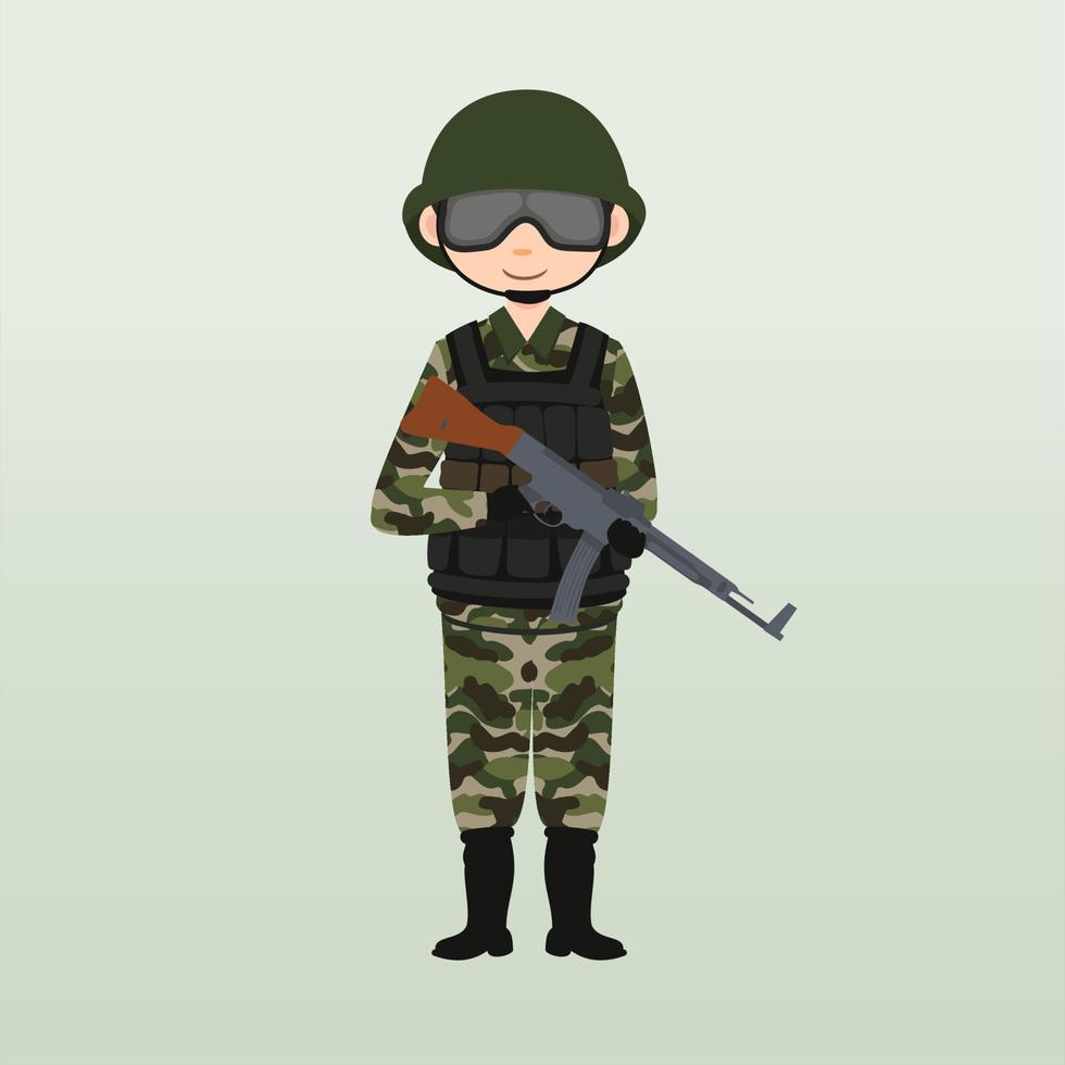 Army soldier, men , in camouflage combat uniform saluting. Cute flat cartoon style. Army or soldier character vector. Soldier keeps watch on guard. Rangers on border. vector