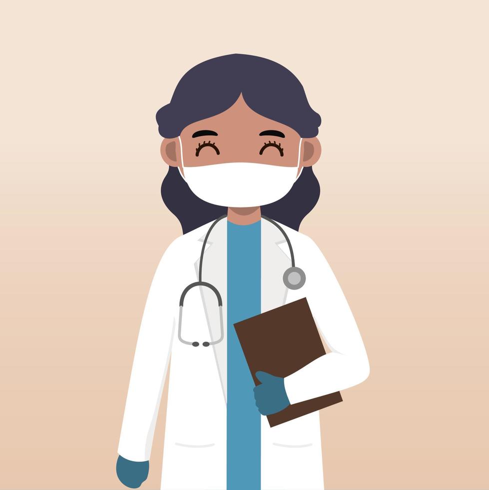 personaje médico de vista frontal. conjunto de creación de personajes médicos con emoción facial, pose y gesto. estilo de dibujos animados, ilustración de vector plano. doctora usando máscara. dedo apuntando hacia arriba, sosteniendo el portapapeles.