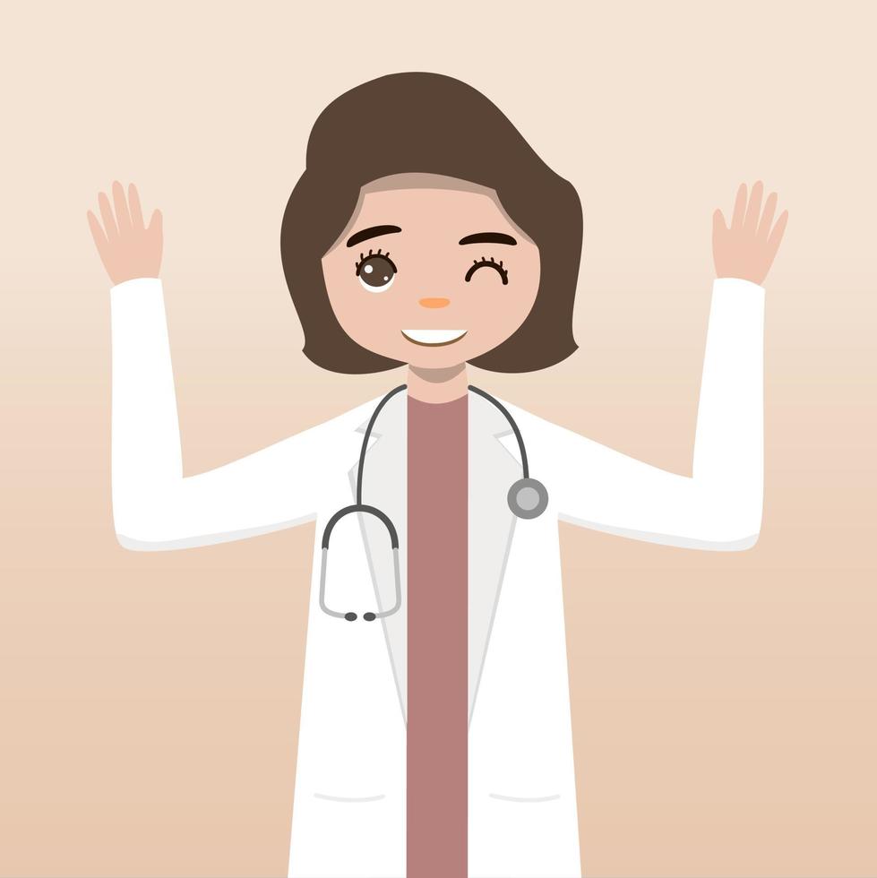 personaje médico de vista frontal. conjunto de creación de personajes médicos con emociones faciales, poses y gestos. estilo de dibujos animados, ilustración de vector plano. doctora. dedo apuntando hacia arriba, sosteniendo el portapapeles.