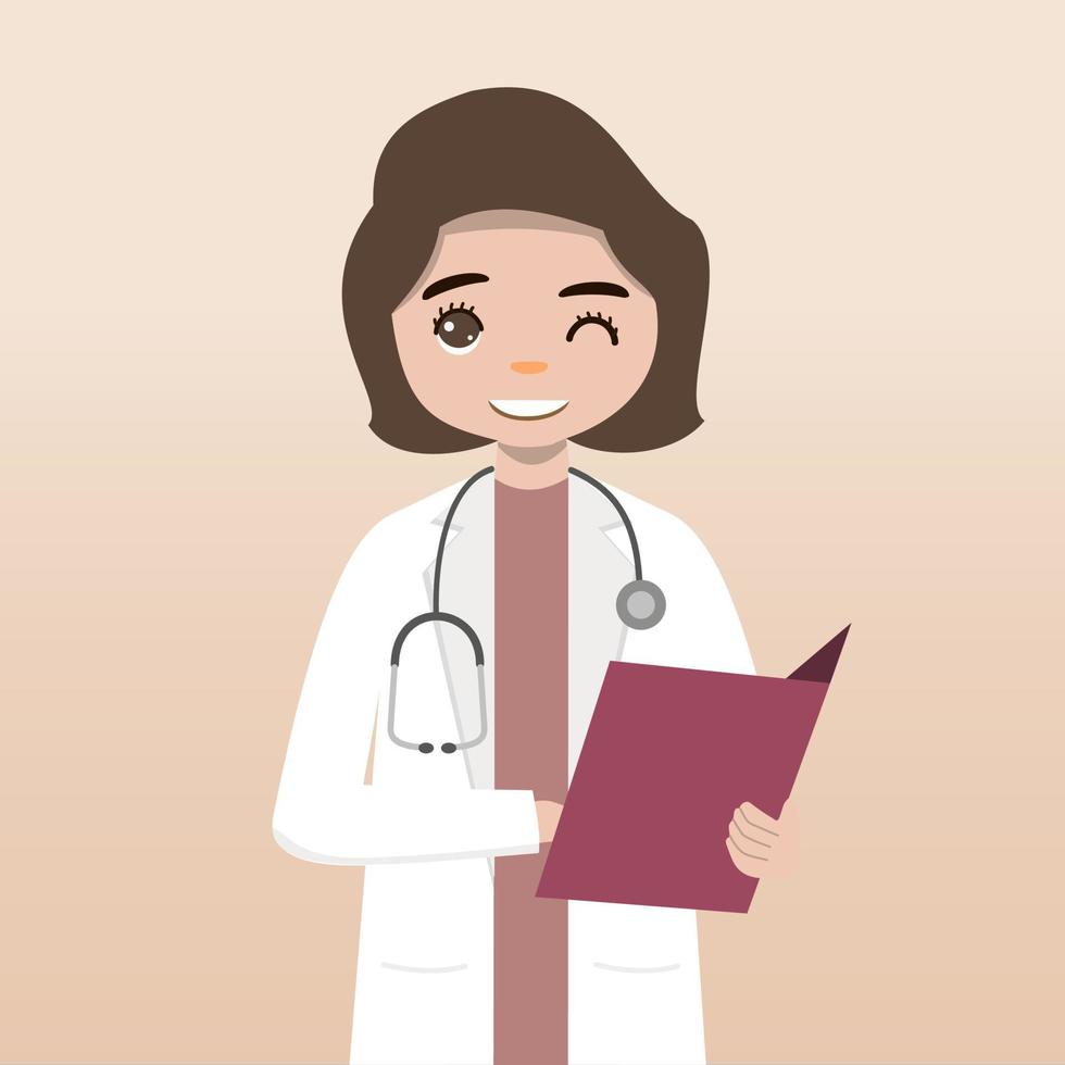 personaje médico de vista frontal. conjunto de creación de personajes médicos con emociones faciales, poses y gestos. estilo de dibujos animados, ilustración de vector plano. doctora. dedo apuntando hacia arriba, sosteniendo el portapapeles.