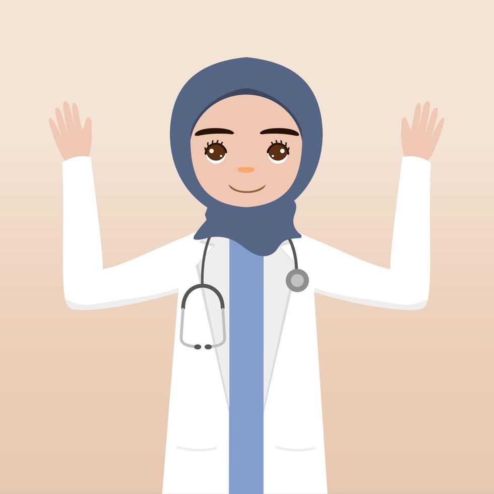 Front view hijab doctor character. Doctor character creation face emotions, pose and gesture. Cartoon style, flat vector illustration.Female hijab doctor finger pointing up, holding clipboard.