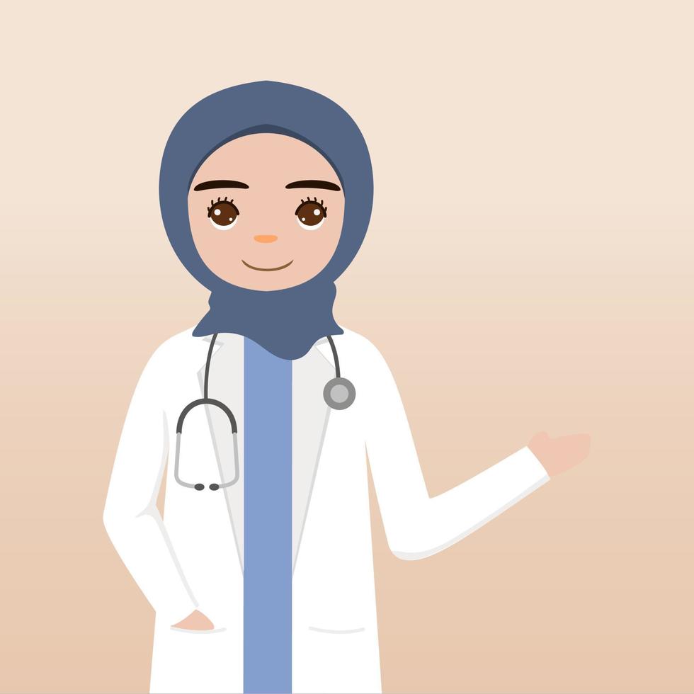 vista frontal del personaje del doctor hijab. la creación de personajes médicos enfrenta emociones, poses y gestos. estilo de dibujos animados, ilustración vectorial plana. dedo médico hijab femenino apuntando hacia arriba, sosteniendo el portapapeles. vector