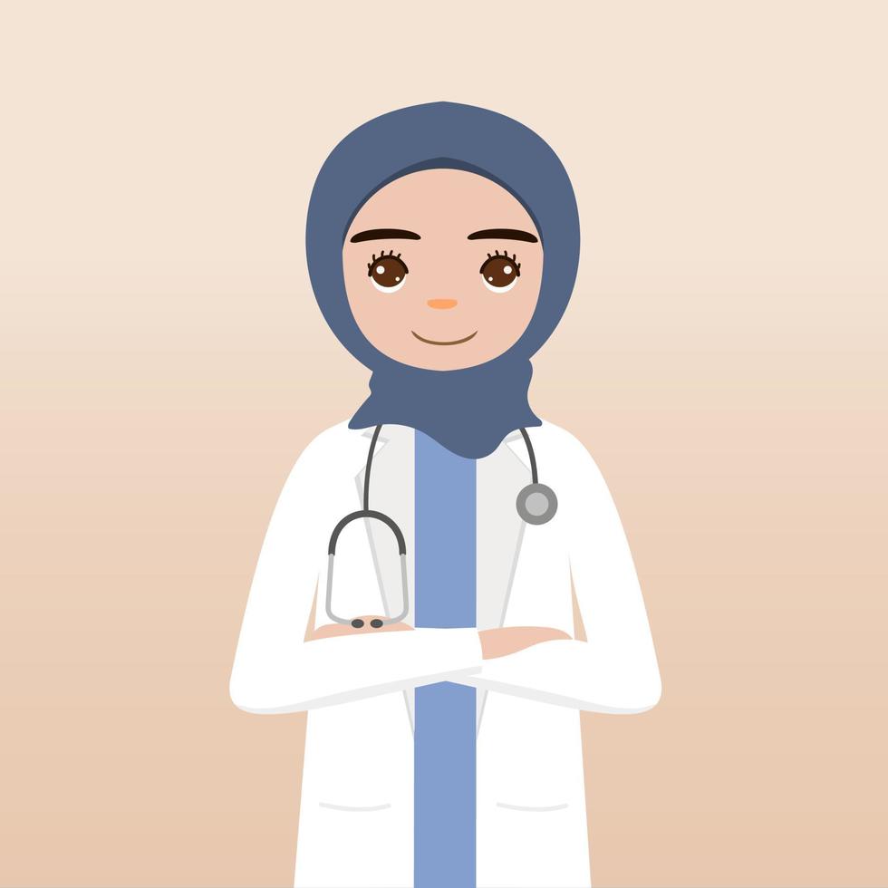 Front view hijab doctor character. Doctor character creation face emotions, pose and gesture. Cartoon style, flat vector illustration.Female hijab doctor finger pointing up, holding clipboard.