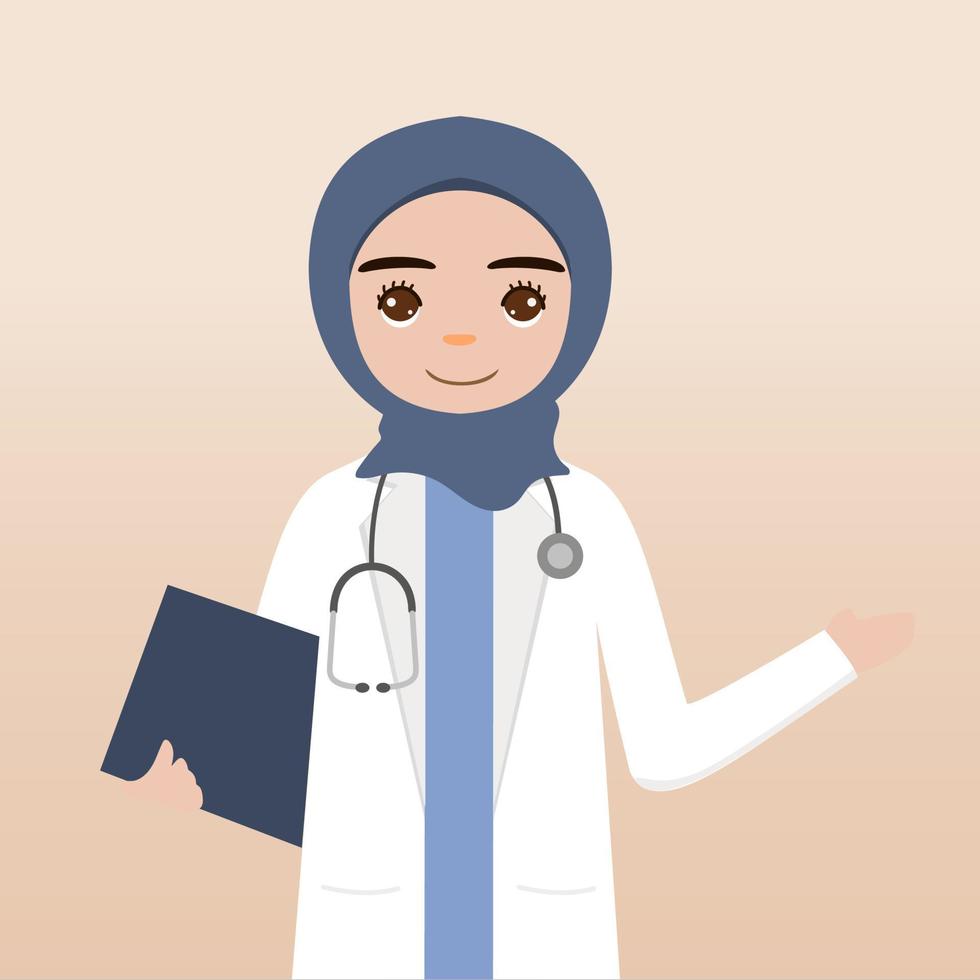 Front view hijab doctor character. Doctor character creation face emotions, pose and gesture. Cartoon style, flat vector illustration.Female hijab doctor finger pointing up, holding clipboard.