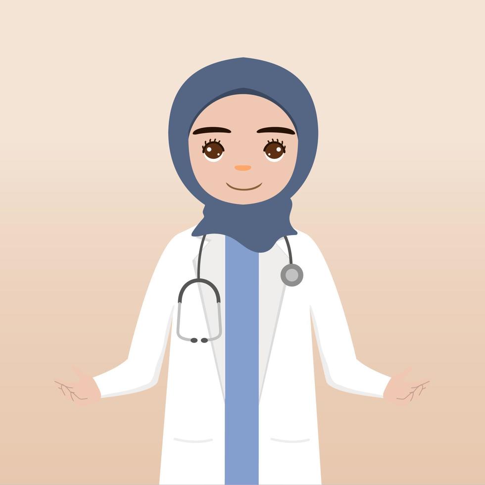 Front view hijab doctor character. Doctor character creation face emotions, pose and gesture. Cartoon style, flat vector illustration.Female hijab doctor finger pointing up, holding clipboard.