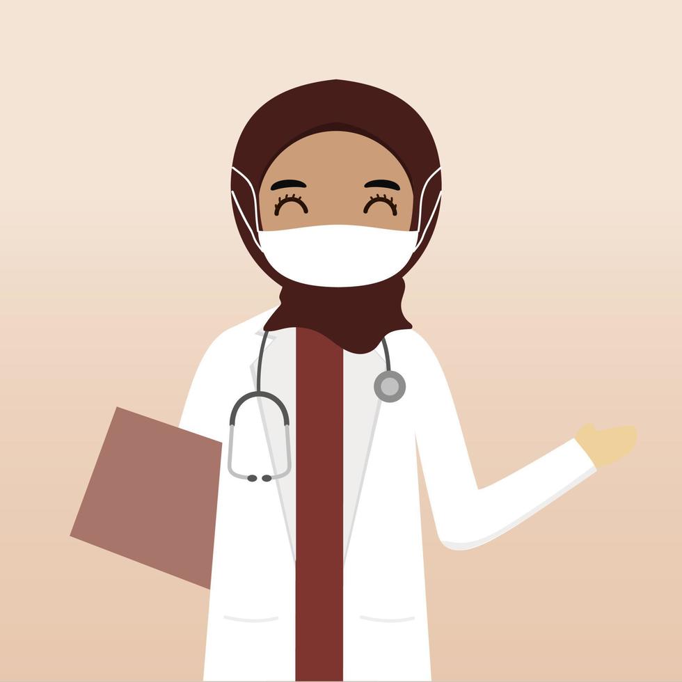 Front view muslim hijab doctor character. Doctor character creation with views, face emotion, pose, gesture and mask. Cartoon style, flat vector illustration. Female doctor with mask