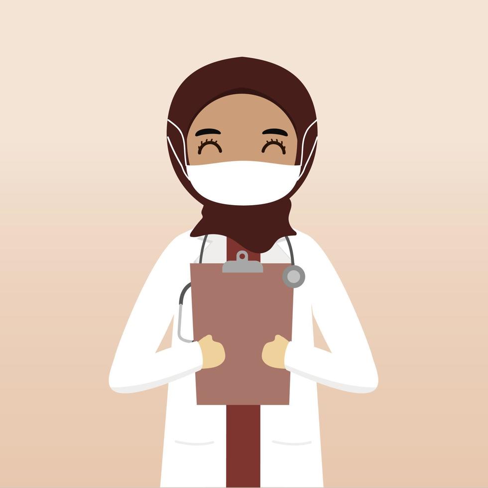 Front view muslim hijab doctor character. Doctor character creation with views, face emotion, pose, gesture and mask. Cartoon style, flat vector illustration. Female doctor with mask