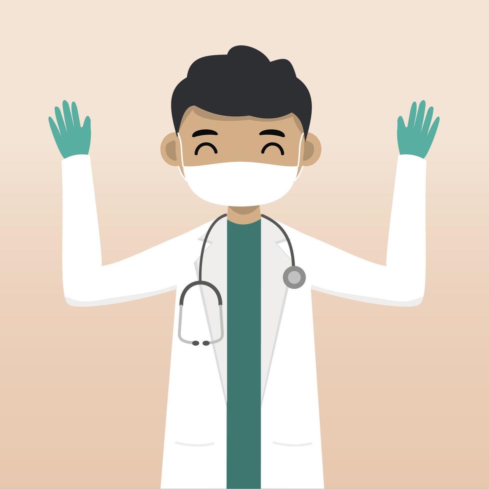 Front view doctor character using mask. Doctor character creation with face emotion, pose and gesture. Cartoon style, flat vector illustration. Male doctor finger pointing up, holding clipboard.