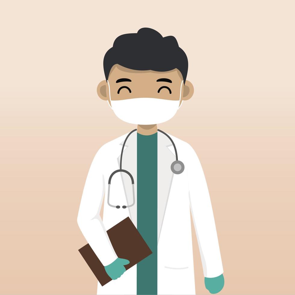 personaje médico de vista frontal usando máscara. creación de personajes médicos con emoción facial, pose y gesto. estilo de dibujos animados, ilustración vectorial plana. dedo médico masculino apuntando hacia arriba, sosteniendo el portapapeles. vector