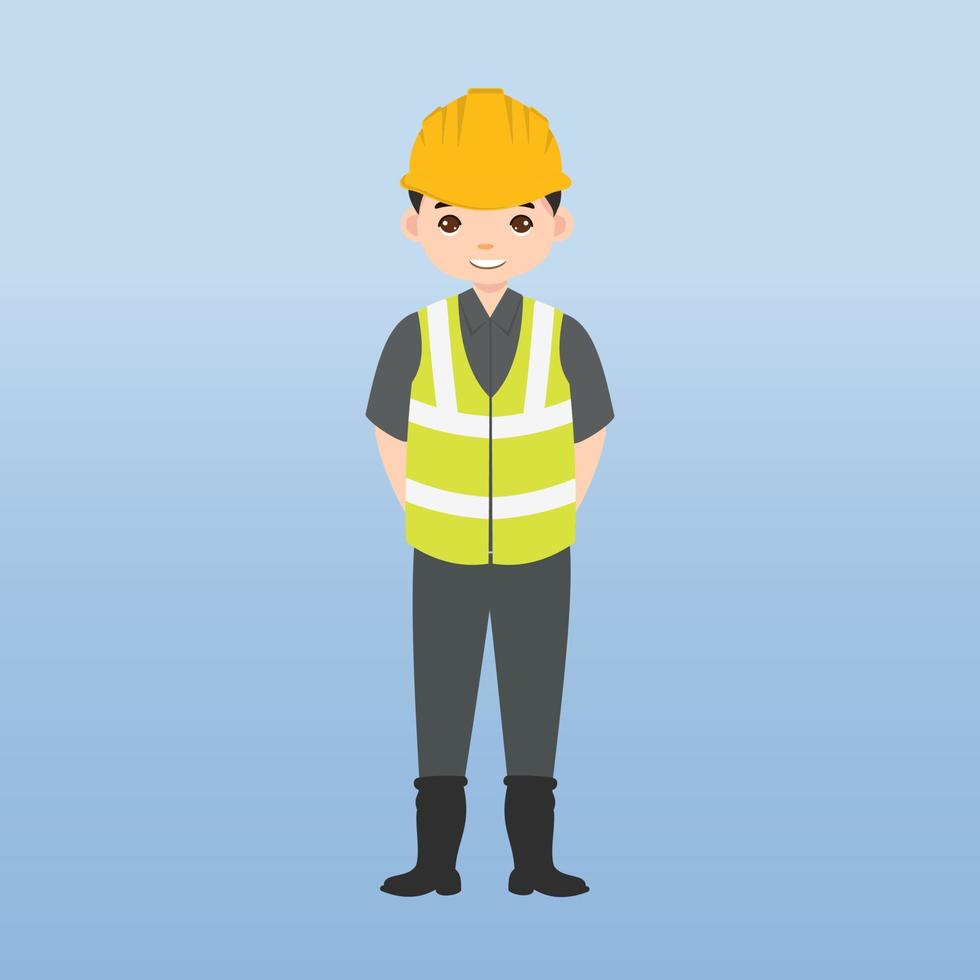 arquitecto, técnico y constructores e ingenieros y mecánicos y trabajadores de la construcción trabajo en equipo, personaje de dibujos animados de ilustración vectorial. ingeniero con casco de seguridad amarillo en obra. vector