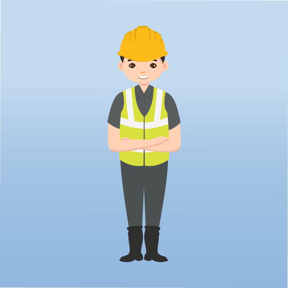 arquitecto, técnico y constructores e ingenieros y mecánicos y trabajadores de la construcción trabajo en equipo, personaje de dibujos animados de ilustración vectorial. ingeniero con casco de seguridad amarillo en obra. vector