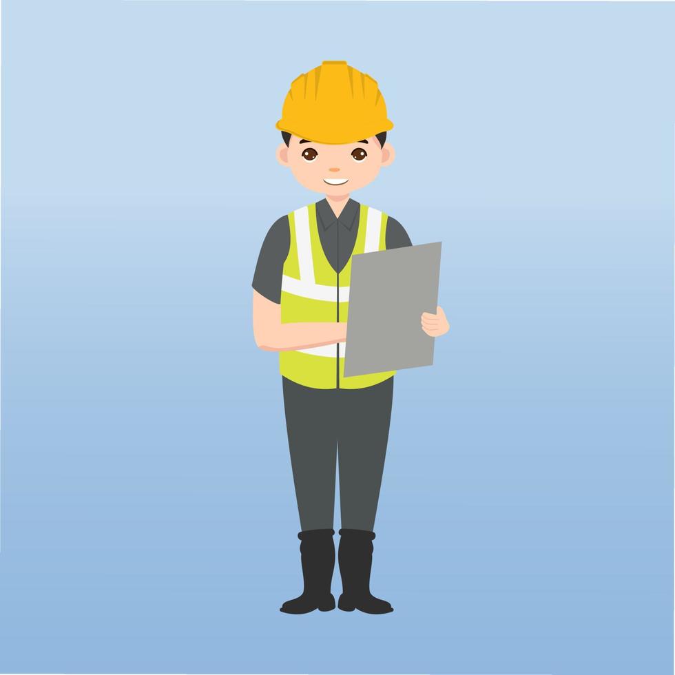 arquitecto, técnico y constructores e ingenieros y mecánicos y trabajadores de la construcción trabajo en equipo, personaje de dibujos animados de ilustración vectorial. ingeniero con casco de seguridad amarillo en obra. vector