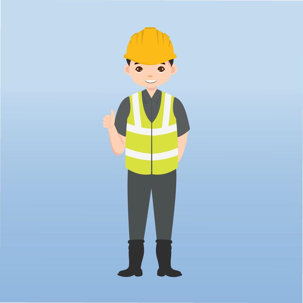 arquitecto, técnico y constructores e ingenieros y mecánicos y trabajadores de la construcción trabajo en equipo, personaje de dibujos animados de ilustración vectorial. ingeniero con casco de seguridad amarillo en obra. vector