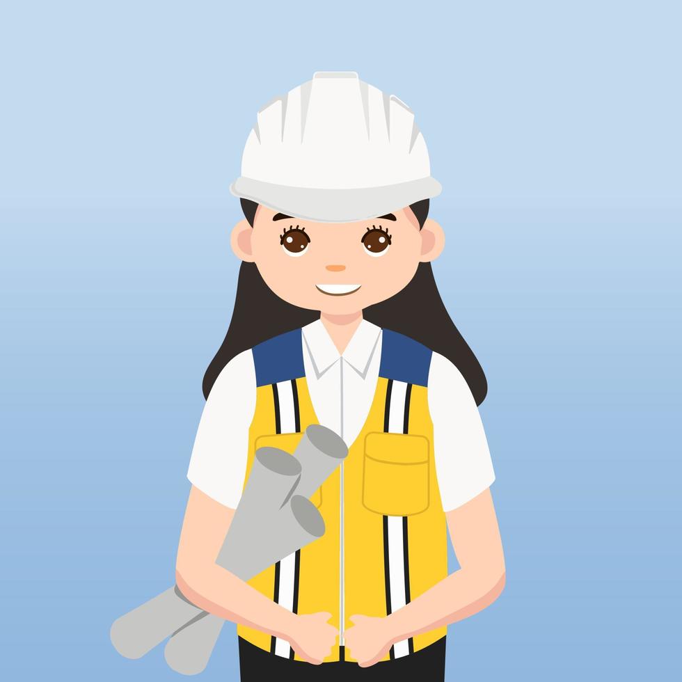 arquitecto, técnico y constructores e ingenieros y mecánicos y trabajadores de la construcción trabajo en equipo, personaje de dibujos animados de ilustración vectorial. ingeniero con casco de seguridad blanco en obra. vector