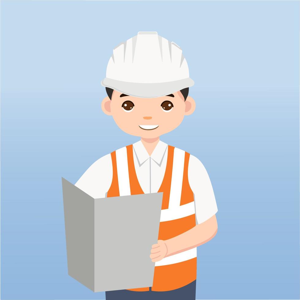 arquitecto, técnico y constructores e ingenieros y mecánicos y trabajadores de la construcción trabajo en equipo, personaje de dibujos animados de ilustración vectorial. ingeniero con casco de seguridad blanco en obra. vector