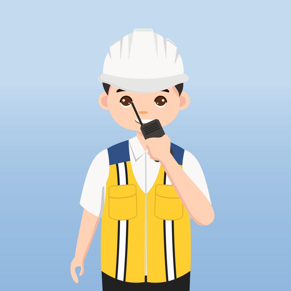 Architect, technician and builders and engineers and mechanics and Construction Worker,Vector illustration cartoon character. Engineer with white safety helmet and vest in construction site. vector