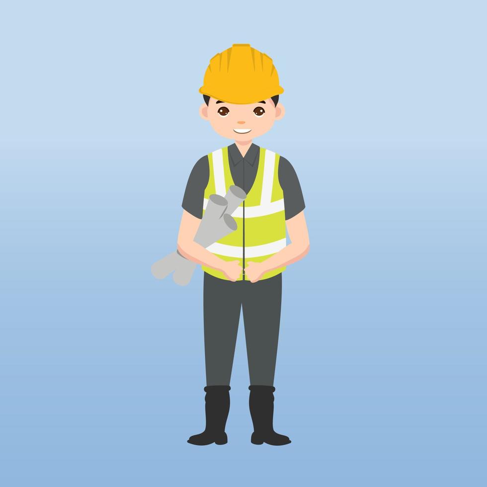 arquitecto, técnico y constructores e ingenieros y mecánicos y trabajadores de la construcción, personaje de dibujos animados de ilustración vectorial. mujer ingeniera con casco de seguridad blanco y chaleco en obra. vector