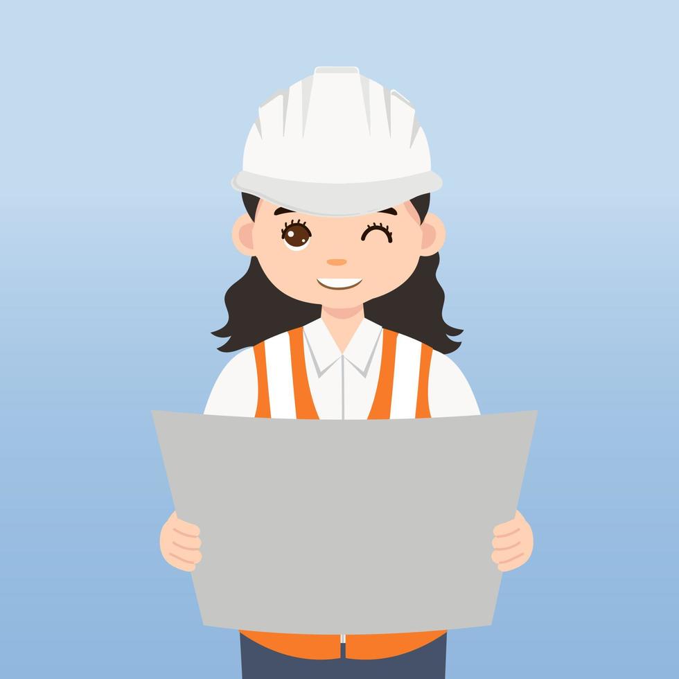 arquitecto, técnico y constructores e ingenieros y mecánicos y trabajadores de la construcción, personaje de dibujos animados de ilustración vectorial. mujer ingeniera con casco de seguridad blanco y chaleco en obra. vector