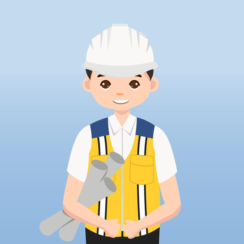 Architect, technician and builders and engineers and mechanics and Construction Worker,Vector illustration cartoon character. Engineer with white safety helmet and vest in construction site. vector
