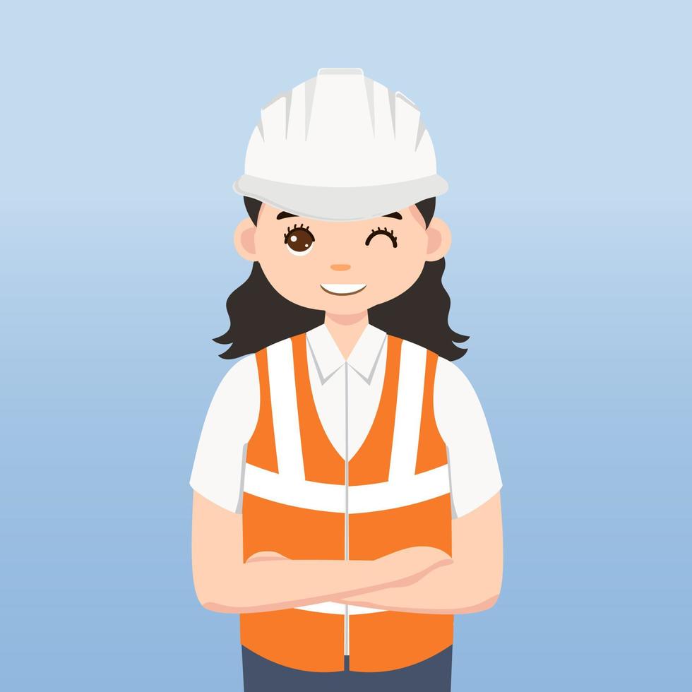 Architect, technician and builders and engineers and mechanics and Construction Worker,Vector illustration cartoon character. Woman Engineer with white safety helmet and vest in construction site. vector