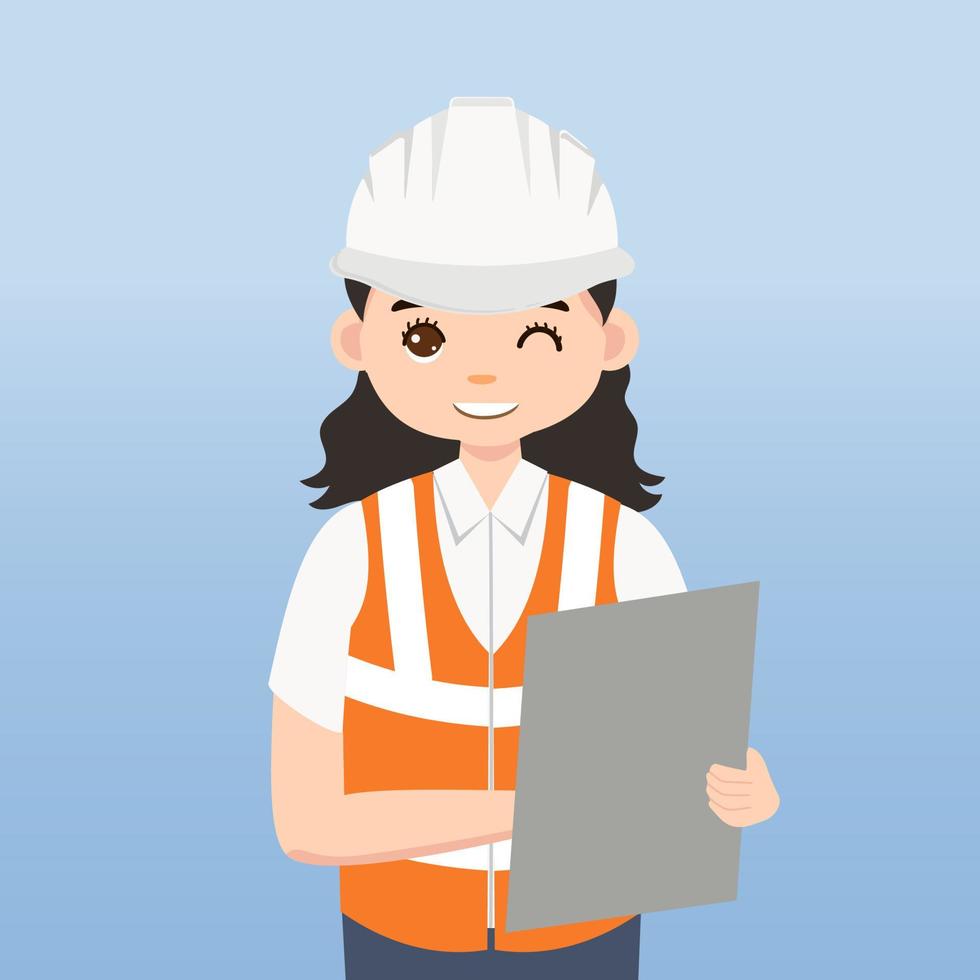 arquitecto, técnico y constructores e ingenieros y mecánicos y trabajadores de la construcción, personaje de dibujos animados de ilustración vectorial. mujer ingeniera con casco de seguridad blanco y chaleco en obra. vector