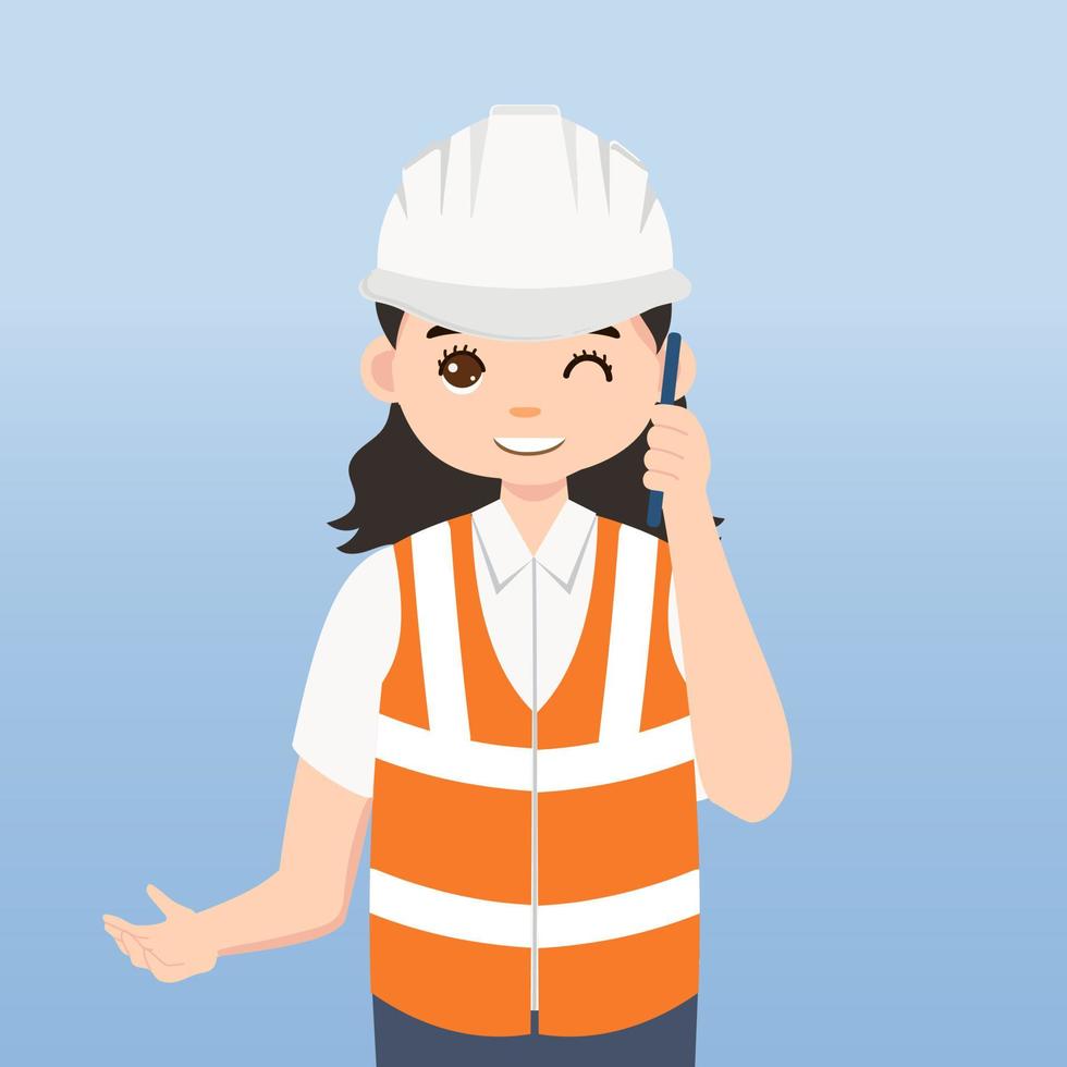 Architect, technician and builders and engineers and mechanics and Construction Worker,Vector illustration cartoon character. Woman Engineer with white safety helmet and vest in construction site. vector
