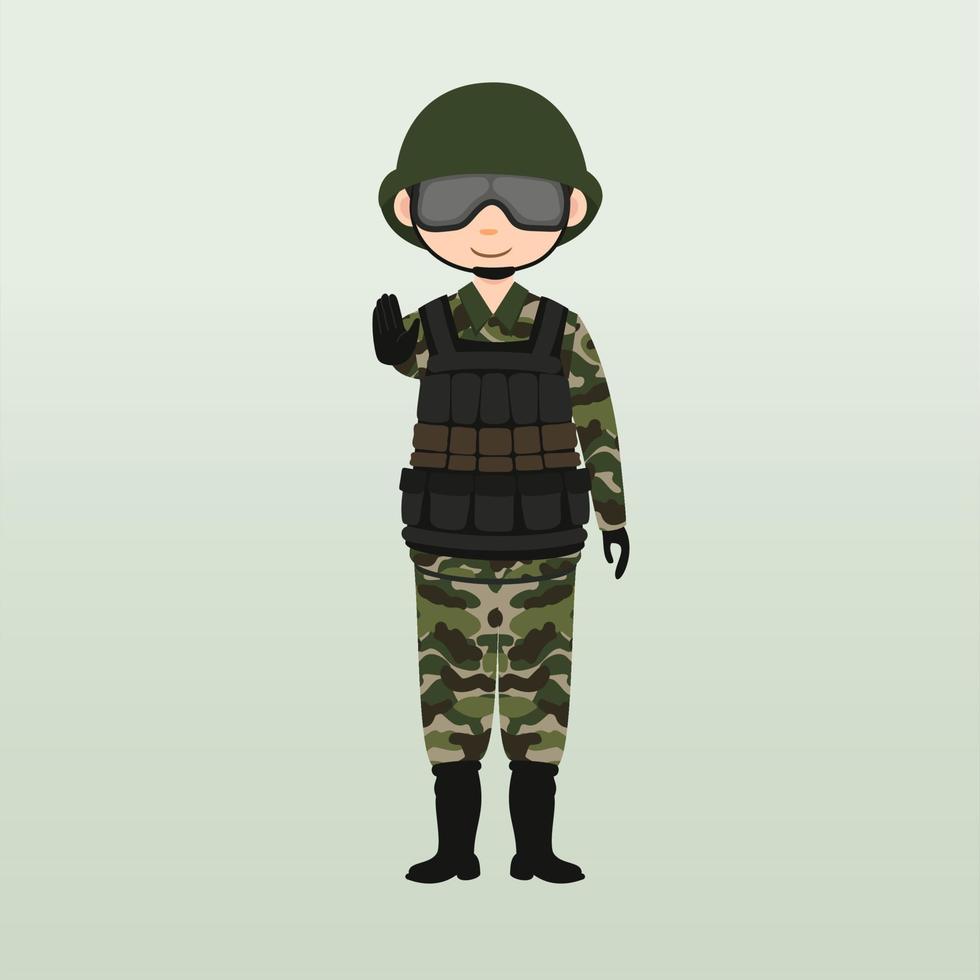 Army soldier, men , in camouflage combat uniform saluting. Cute flat cartoon style. Army or soldier character vector. Soldier keeps watch on guard. Rangers on border. vector