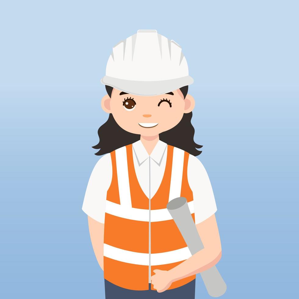 arquitecto, técnico y constructores e ingenieros y mecánicos y trabajadores de la construcción, personaje de dibujos animados de ilustración vectorial. mujer ingeniera con casco de seguridad blanco y chaleco en obra. vector