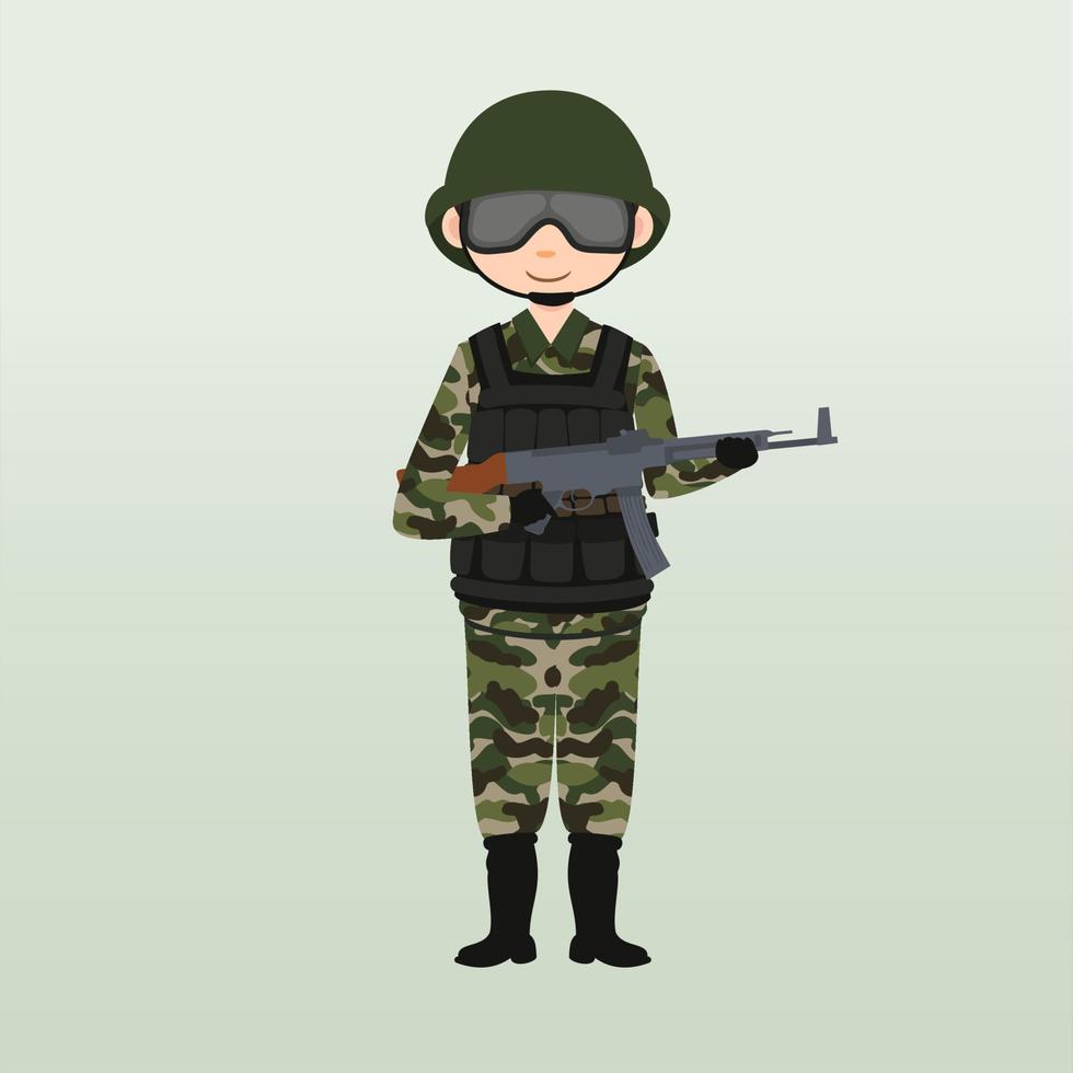 soldado del ejército, hombres, en uniforme de combate de camuflaje saludando. lindo estilo de dibujos animados planos. vector de caracteres del ejército o soldado. soldado vigila en guardia. guardabosques en la frontera.