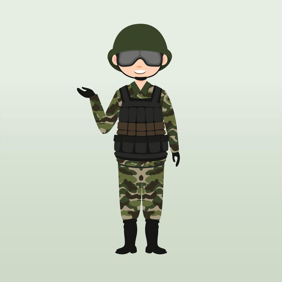 soldado del ejército, hombres, en uniforme de combate de camuflaje saludando. lindo estilo de dibujos animados planos. vector de caracteres del ejército o soldado. soldado vigila en guardia. guardabosques en la frontera.