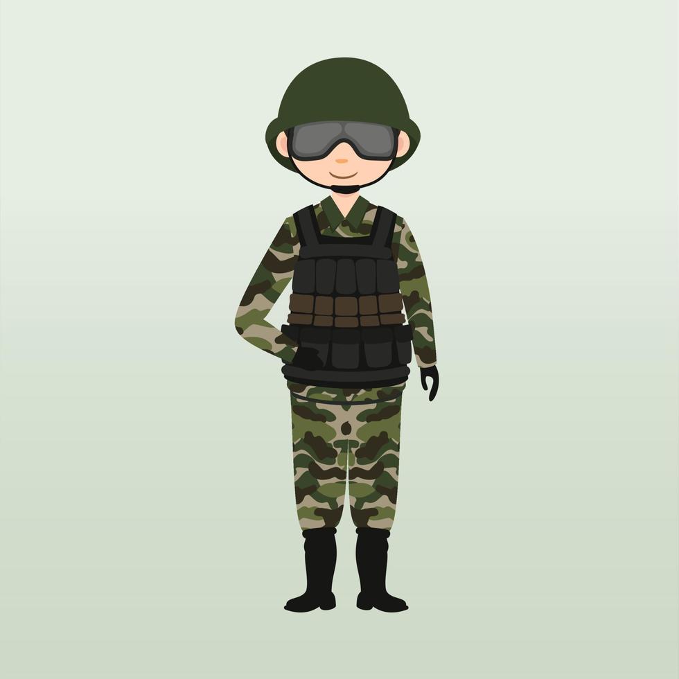 Army soldier, men , in camouflage combat uniform saluting. Cute flat cartoon style. Army or soldier character vector. Soldier keeps watch on guard. Rangers on border. vector