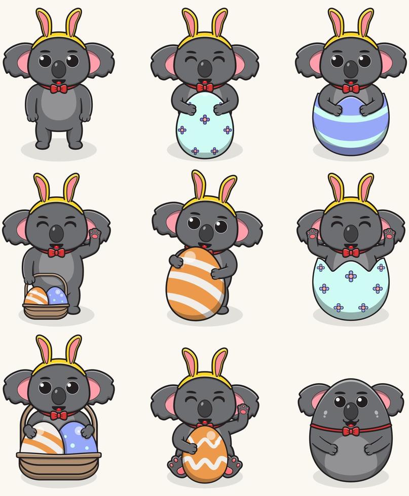 Koala Happy Easter. Cute Koala on the Easter theme in cartoon. Vector illustration. Isolated on white background. Easter holiday vector set.