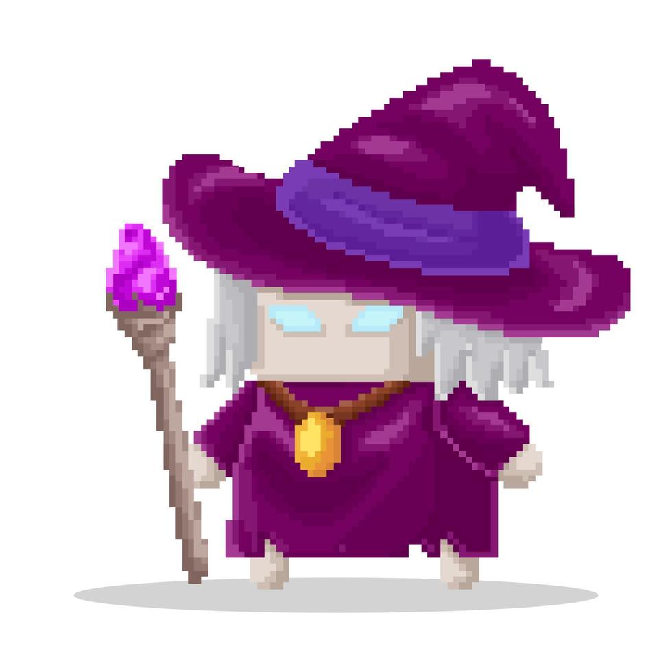 Vector pixel art of chibi old witch character