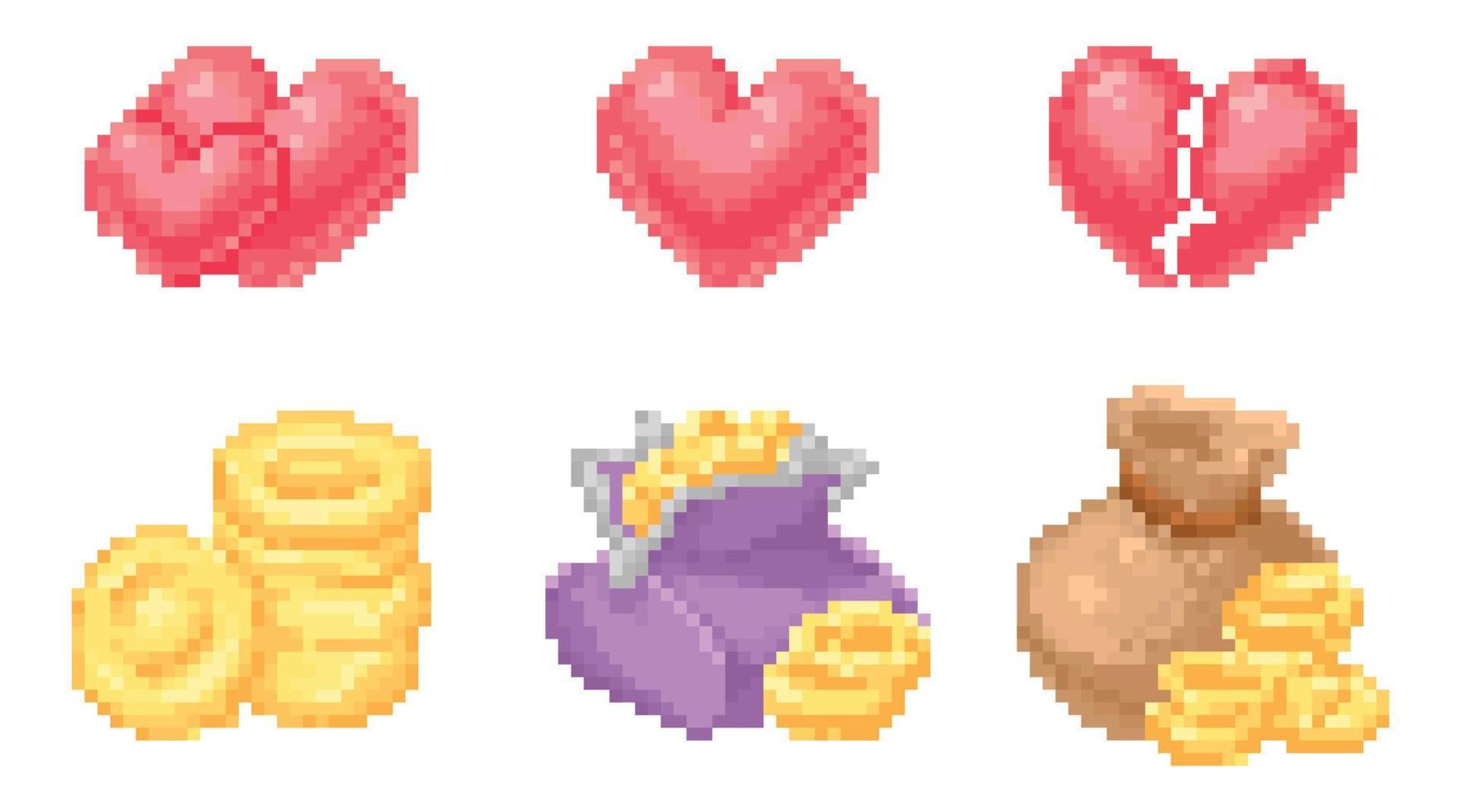 Pixel art game icon heart, and gold vector