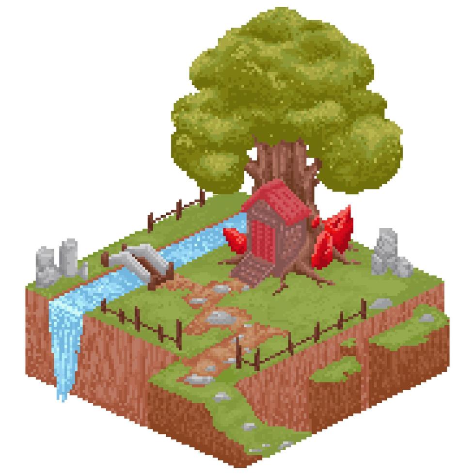 Isometric pixel art witch red ruby house vector