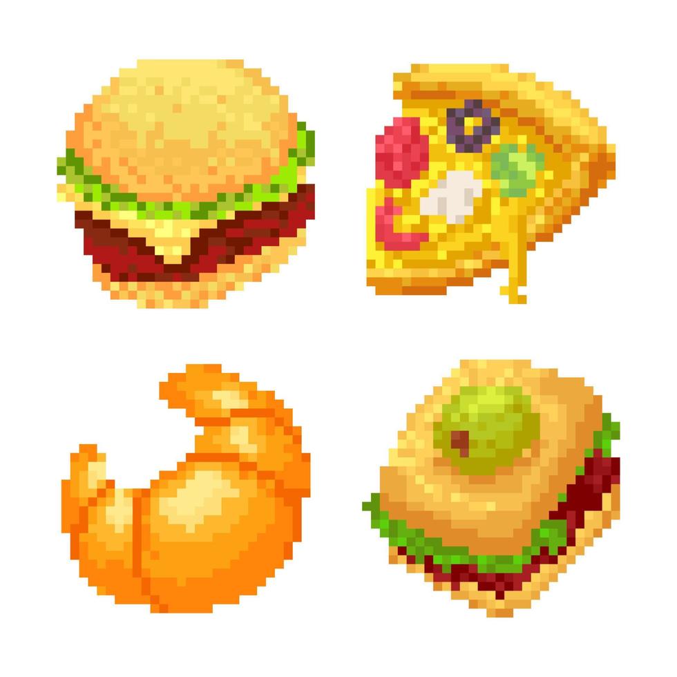 Pixel art burgers, pizza, buns and sandwiches vector