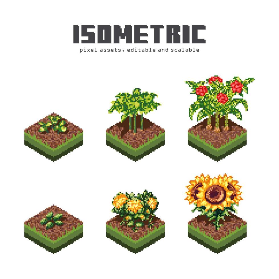 Plant growth isometric pixel art game assets vector