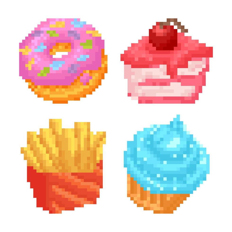 donut de pixel art, pastel de fresa, papas fritas y helado vector