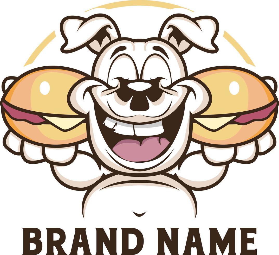 bulldog sonriente sosteniendo una ilustración del logotipo de hamburguesa vector