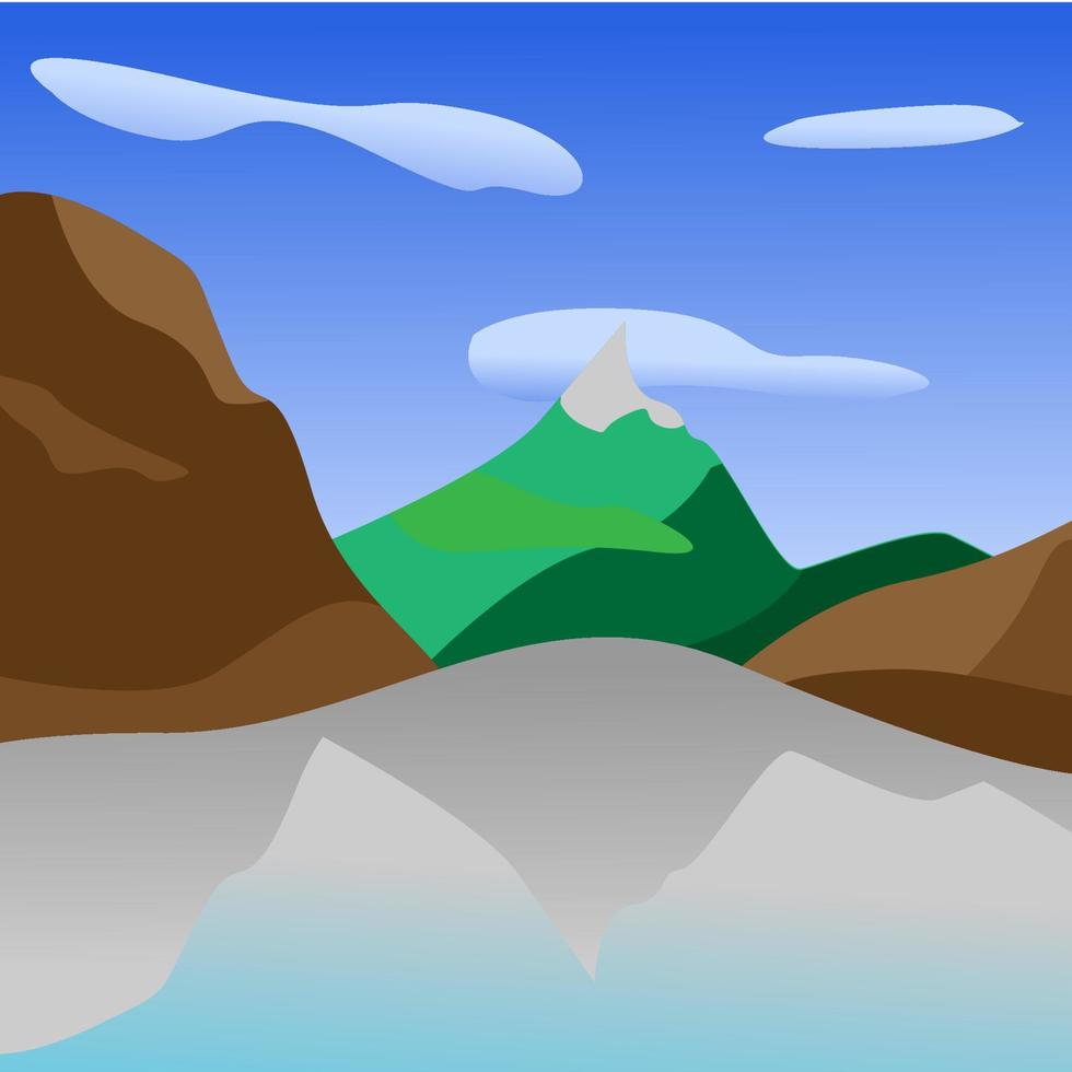 Illustrator vector of mountain view with shadow reflect in a lake in blue sky.