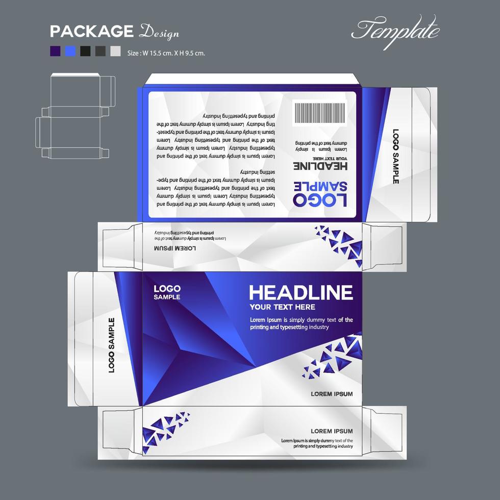 suplementos y diseño de caja cosmética, plantilla de diseño de paquete, esquema de caja, diseño de empaque de caja, diseño de etiqueta, ilustración de vector de idea creativa de diseño de empaque, fondo de polígono blanco