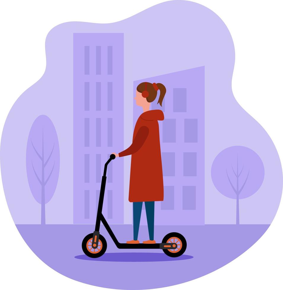 niña montando un scooter eléctrico en una ciudad vector