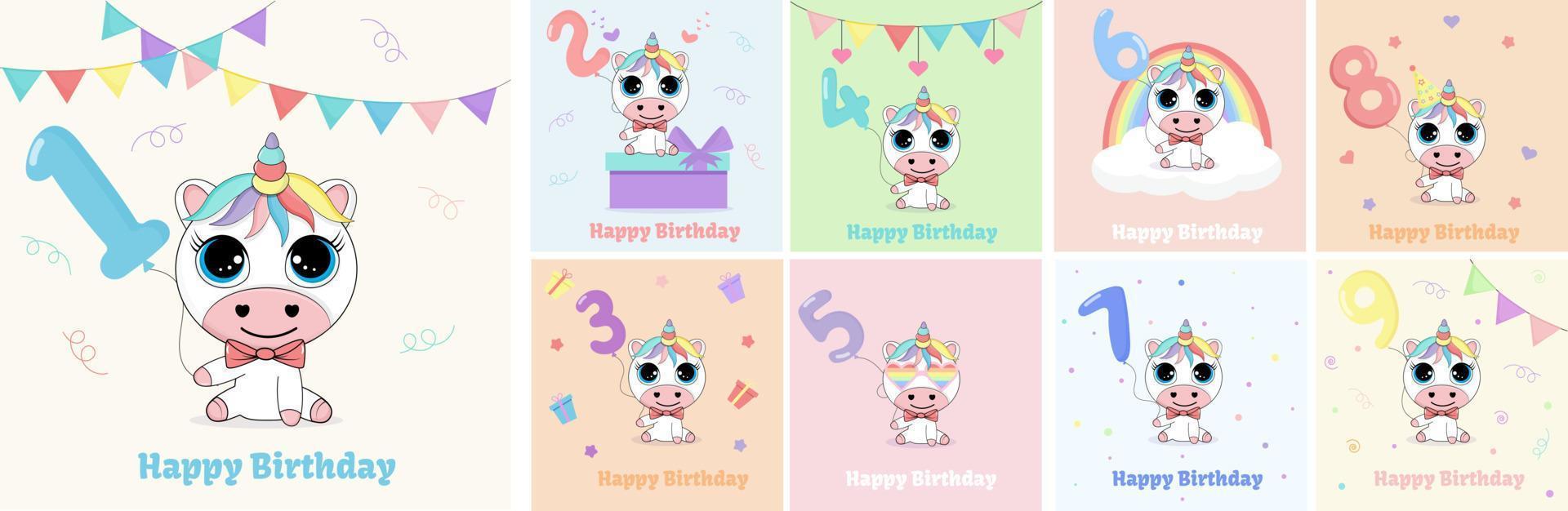 WebBirthday card set with cute unicorn and balloons in the form of numbers. vector