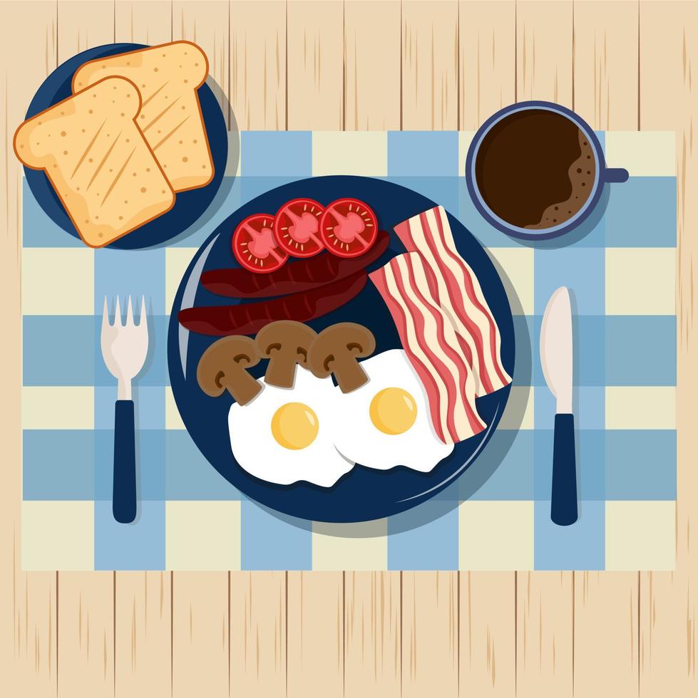 Breakfast with fried eggs, bacon, sausages and mushrooms. View from above vector