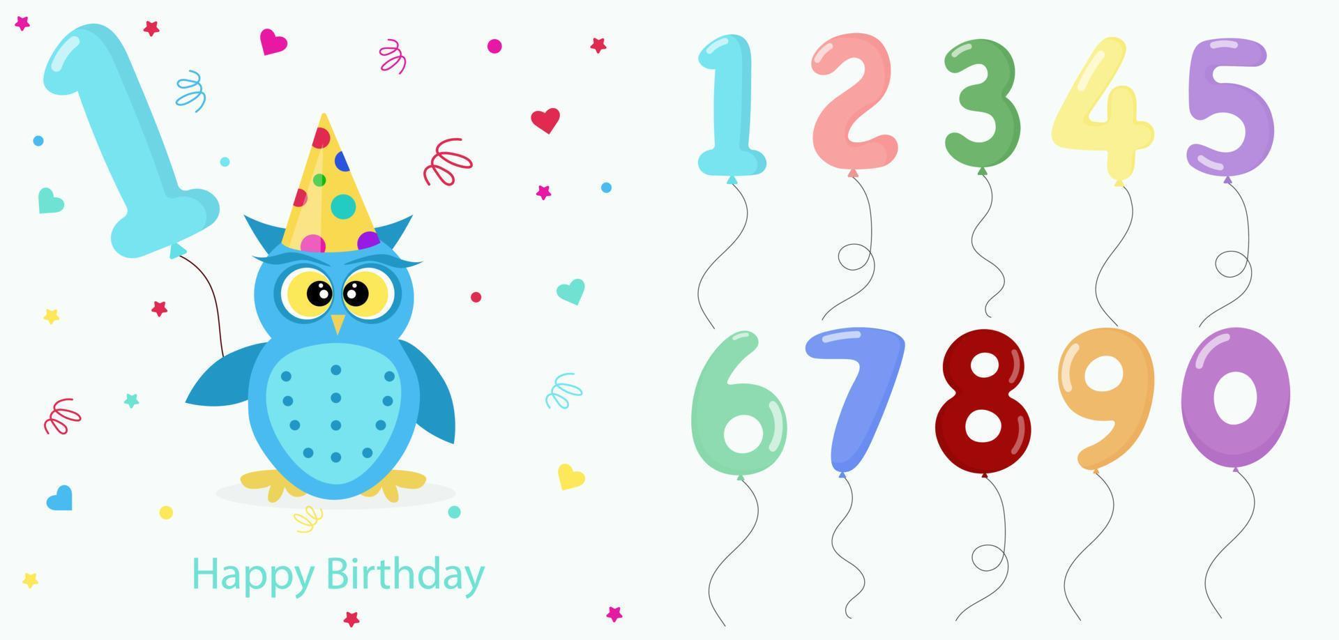 Vector birthday greeting card with owl and colorful balloons in shape of numbers from 0 to 9