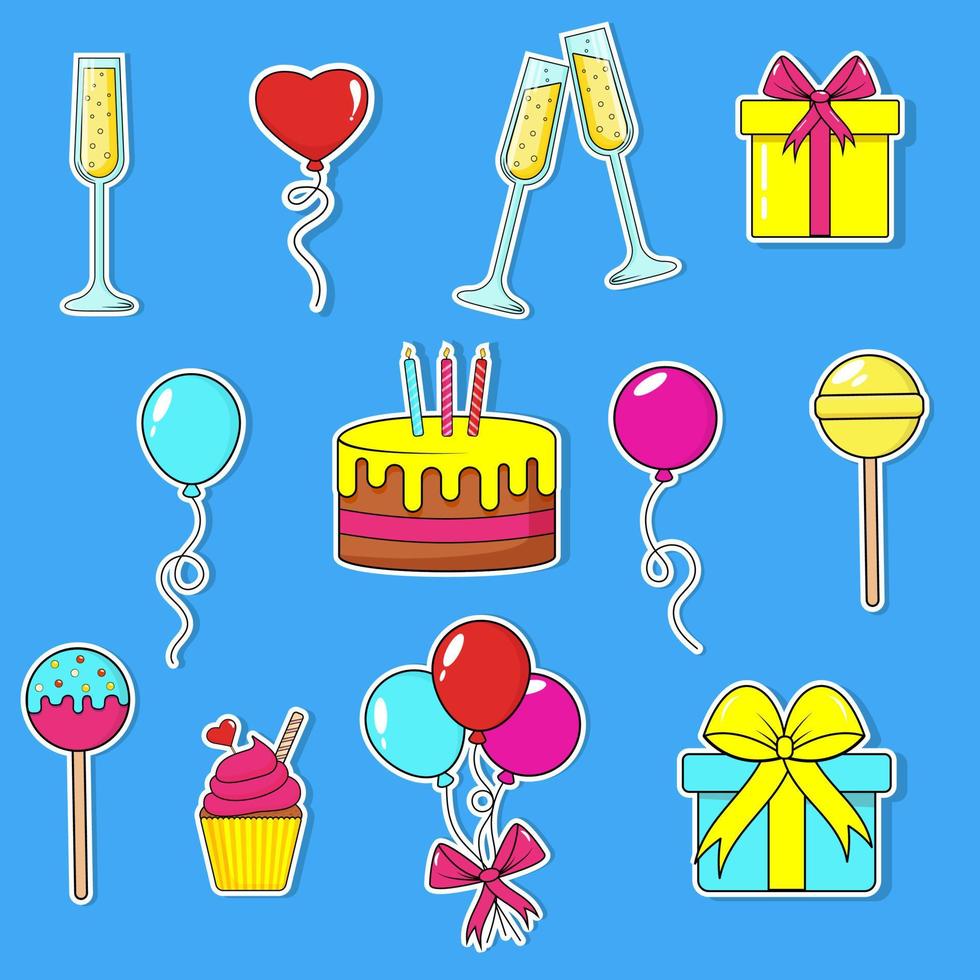 Birthday bright stickers set in retro style vector